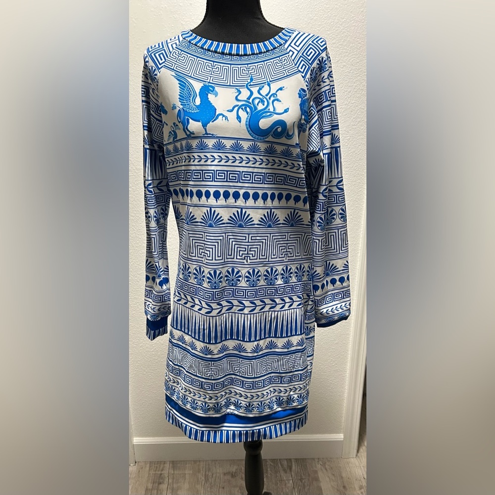 Blackmilk Olympus Long-Sleeve Midi Dress - L - Blue & White - Used